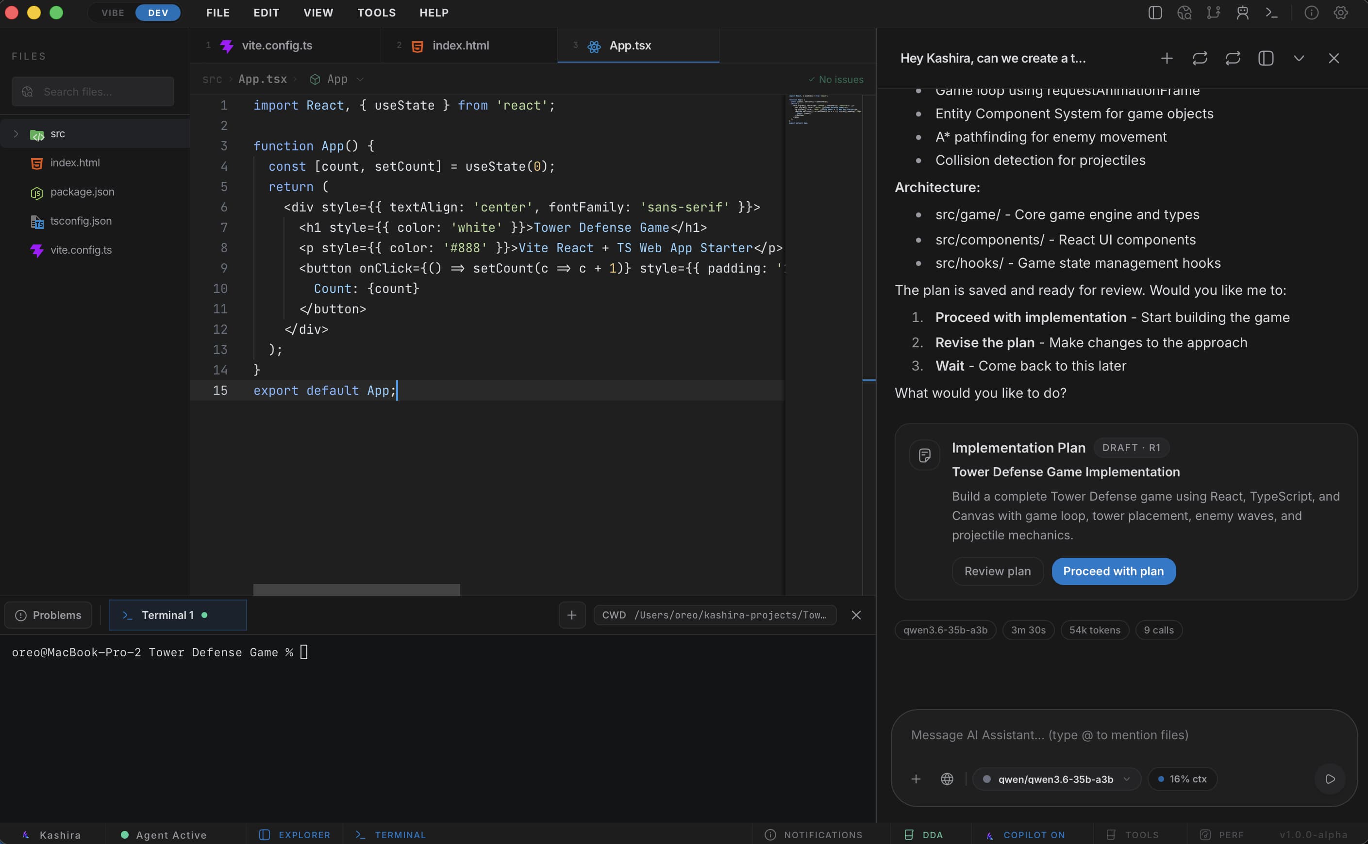 Kashira Dev mode with editor, files, terminal, Git, and diagnostics